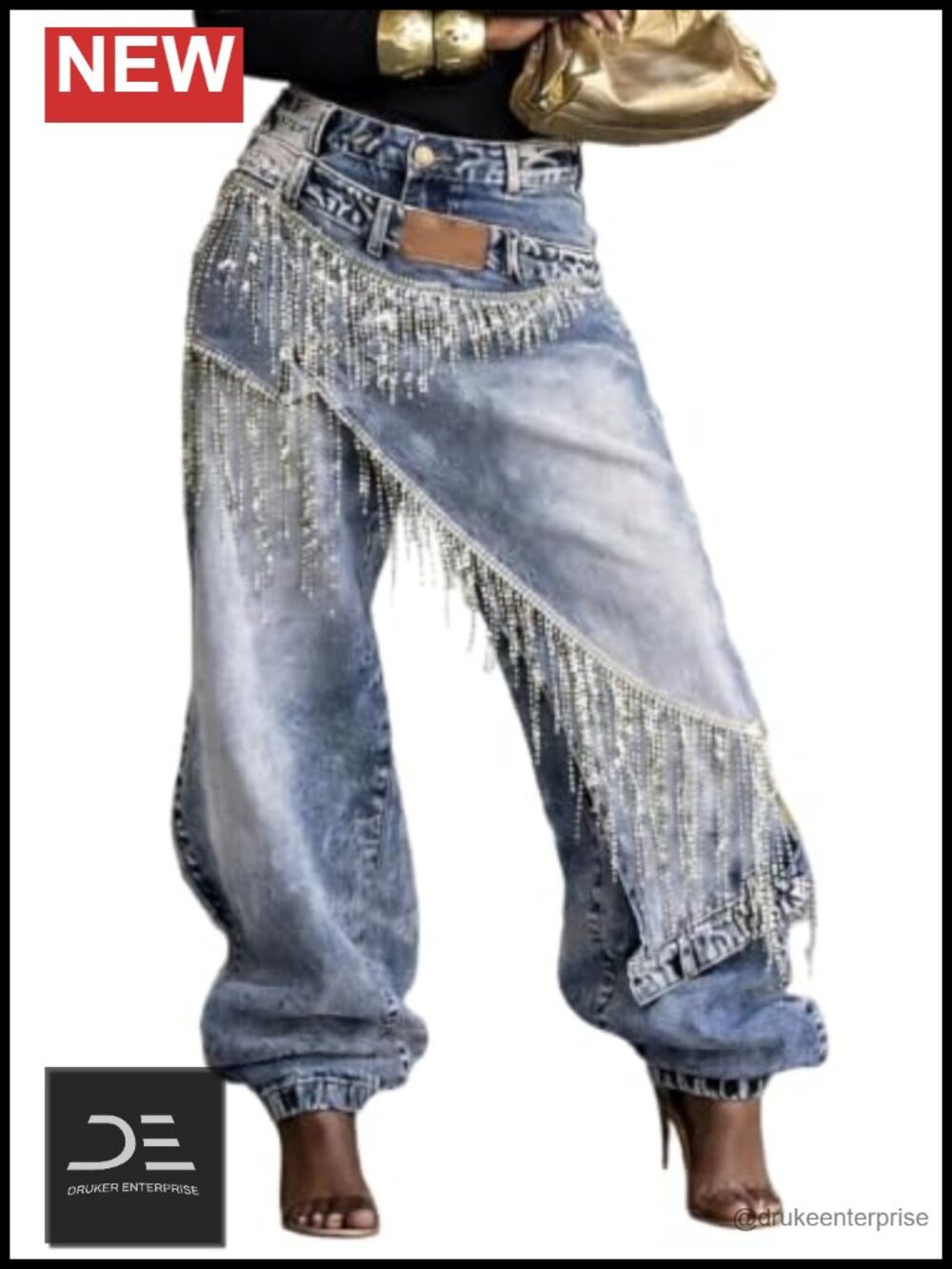 Womens High Waist Baggy Cargo Jeans Fringe Rhinestone Tapered Pants